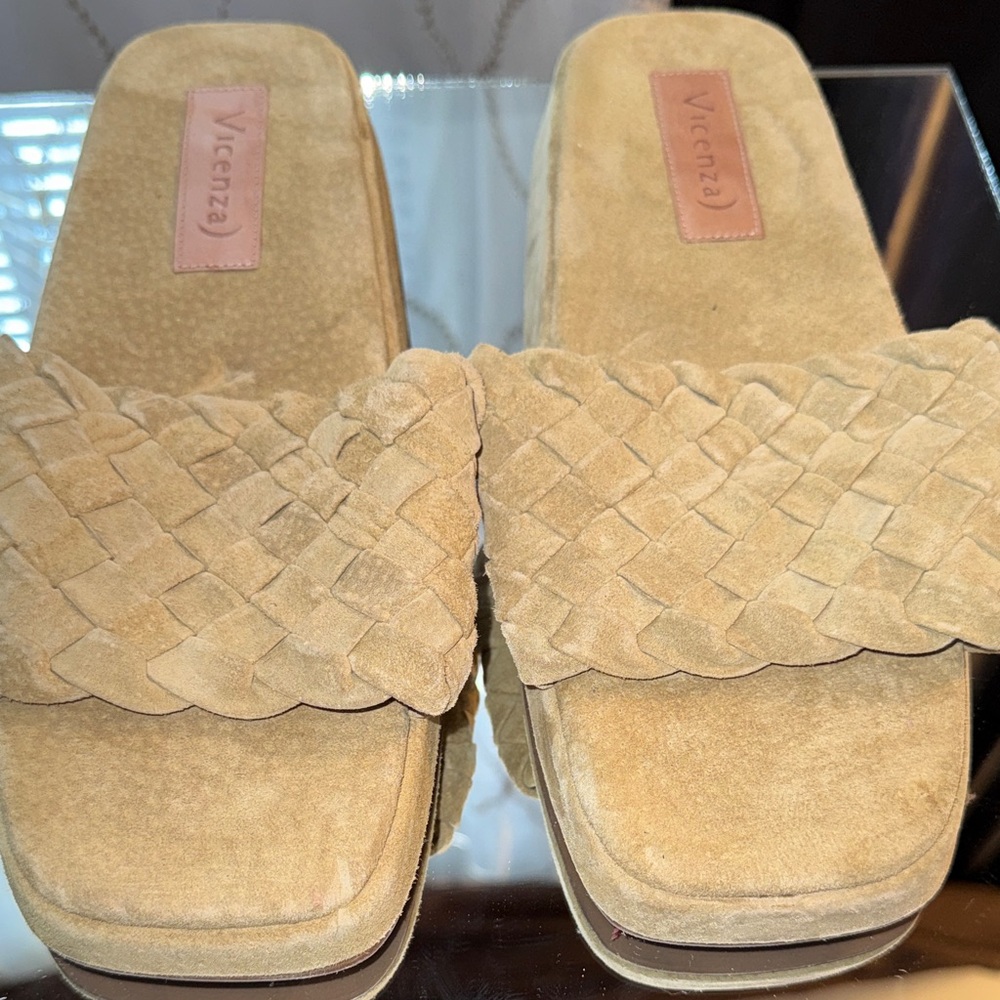 Victenza Tan Suede Braided Slide Mules